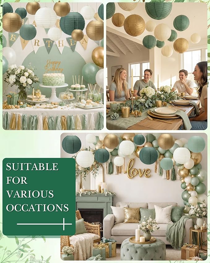 Treela 48 Pcs Paper Lanterns Party Decorations Chinese Round Paper Decor 4/6/8/10 Inch Asian Hanging Lamps Decorative for Birthday Party Wedding Bridal New Year Supplies(Gradient Green)
