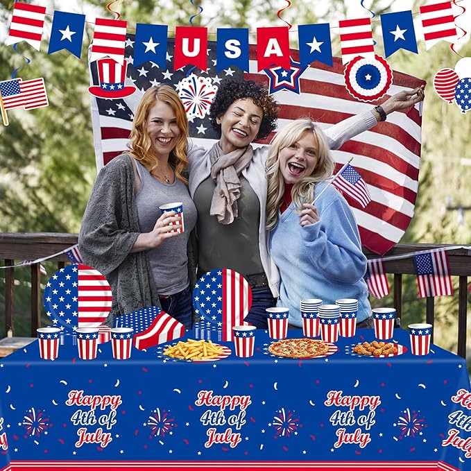 4th Fourth of July Party Supplies Favors for 250th Anniversary, Patriotic Red White Blue Plates,Napkins,Cups,Tablecloth,Hanging Decorations for 25 Guests, USA Accessories for Memorial Independence Day