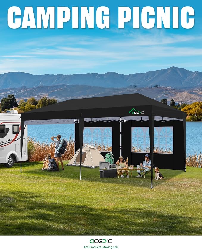 Acepic 10x20 Pop Up Canopy with 6 Removable Sidewalls, 2 Central Lock Easy Set-up Outdoor Party Tent, Commercial Tent, Hand Bag x1, Sandbags x4, Stakes x12, Ropes x6 (Black, 10 * 20)