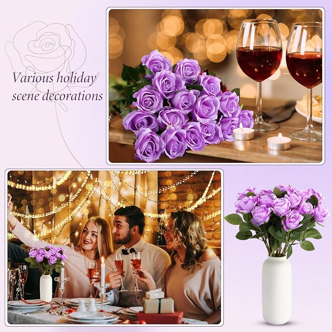 Hotop 20 Pcs Artificial Rose Flowers with Long Stem, Real Lifelike Silk Realistic Plastic Bouquet Roses Bulk for Home Decor Bridal Wedding Party Table Centerpieces Decorations(Purple)