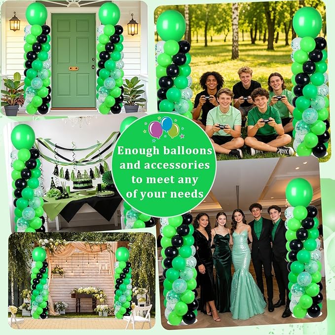 2 Sets Green and Black Balloon Column Stand Kit with 102 Balloons Adjustable Balloon Tower Stand with Bases for Floor Confetti Balloons Column Kit for Graduation Birthday Appreciation Party Decor