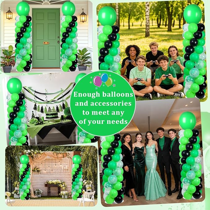 2 Sets Green and Black Balloon Column Stand Kit with 102 Balloons Adjustable Balloon Tower Stand with Bases for Floor Confetti Balloons Column Kit for Graduation Birthday Appreciation Party Decor