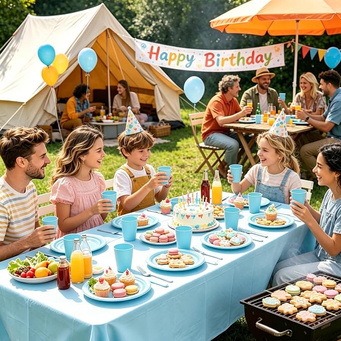 Light Blue Plastic Plates for Party,30 Guest Disposable Blue Party Supplies Including Dinner&Dessert Plate,12oz Cups,Cutlery,Napkins & Tablecloth Dinnerware Decorations for Baby Shower Birthday