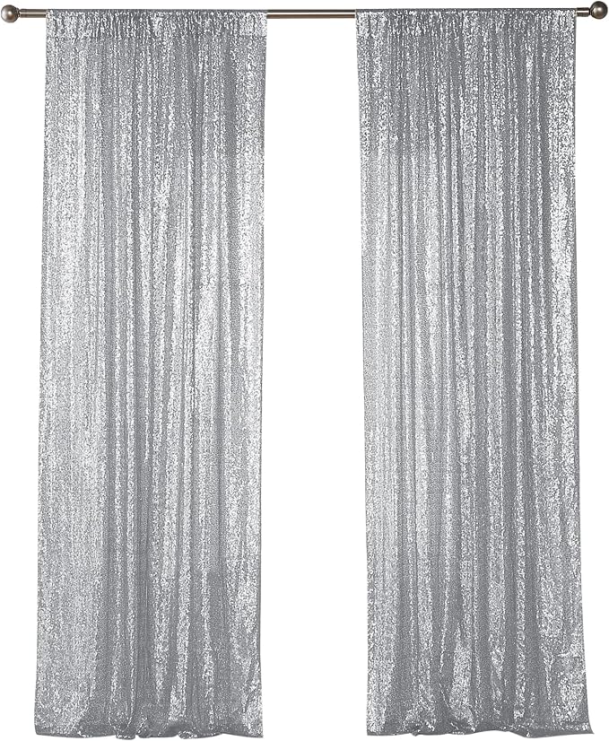 Sugargirl Silver Sequin Backdrop Curtain 2FTx8FT Glitter Background Drapes Sparkle Photography Backdrop for Party Wedding Birthday Wall Decor(2 Panels,Silver