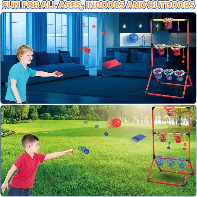 Backyard Lawn Games for Adults Kids - 3-in-1 Yard Pong with 6 Light Up Basket, Ladder Ball and Bean Bag Toss Game - Outdoor Yard Tailgate Game for Family Parties