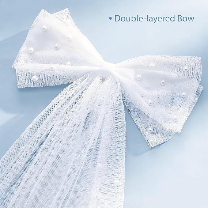 LADY&HOME Bride Hair Bow Veil Bachelorette Party Bridal Veil 2 Tier Bow Pearl Clip for Bridal Shower Wedding