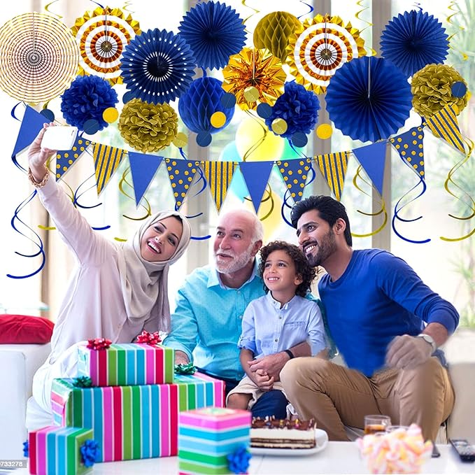 Blue Gold Party Decorations, Graduation Season Hanging Glitter Triangle Flags Banner Paper Fan Tissue Pom Poms Garlands, Boy Men Party, Bridal Shower, Navy Blue Themed Birthday