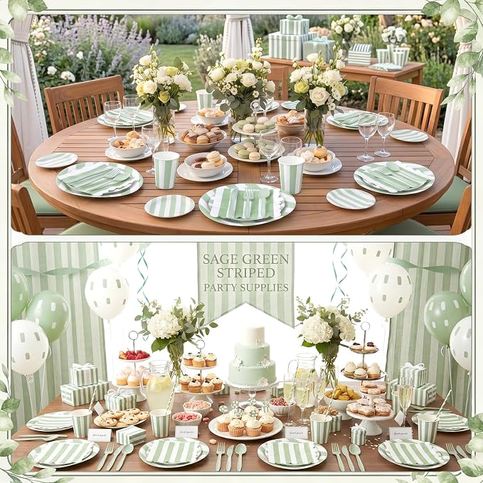 Mimorou 350 Pcs Sage Green Striped Paper Plates and Napkins for 50 Guests, Green White Striped Disposable Tableware Set Sage Plates Cup Napkins Spoon Fork Knife for Baby Shower Birthday Party Supplies