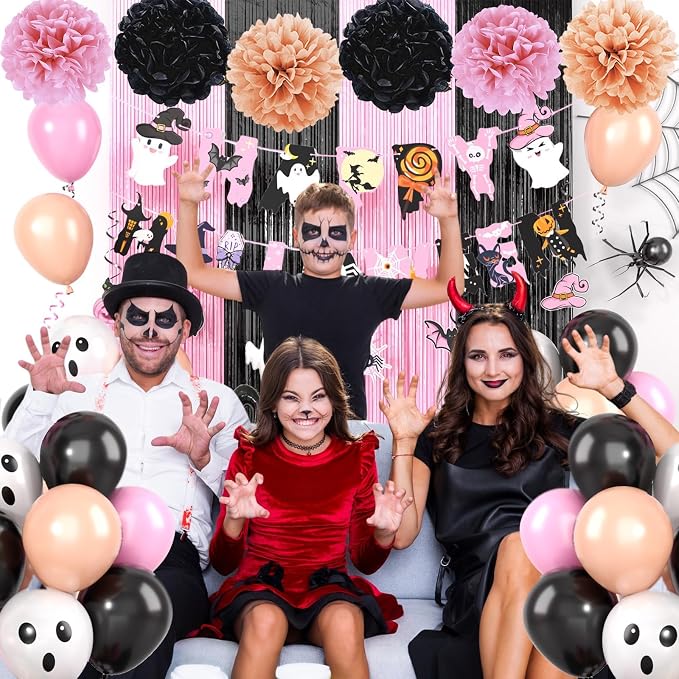 Pink Halloween Party Decorations Set,Include HAPPY HALLOWEEN Banner,Foil Balloons,Cute Hanging Swirl,Fringe Curtain,Paper Pompoms Indoor Outdoor Halloween Party Supplies