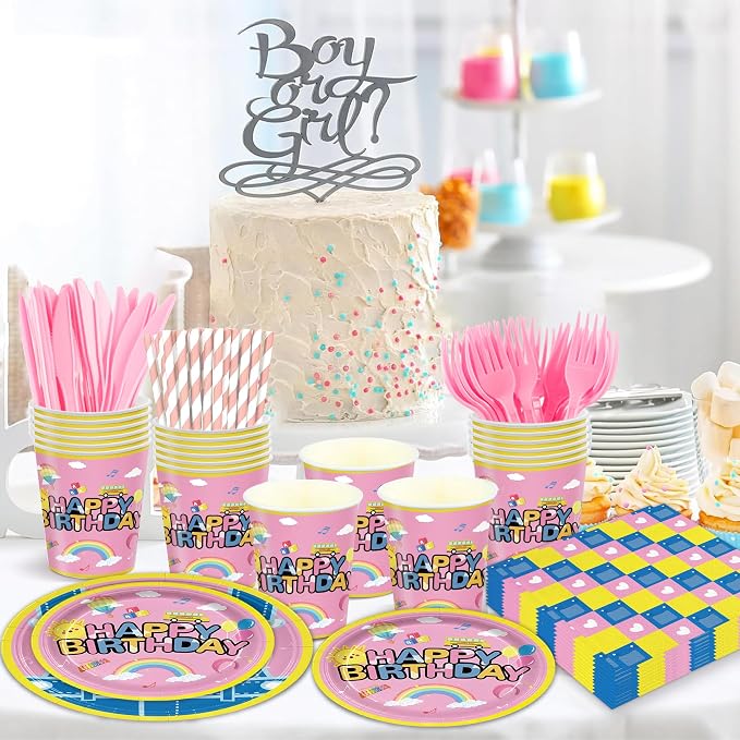 168PCS Cartoon Teacher Party Supplies for Girls Boys Kids Happy Birthday Party Decorations Dinnerware Set Paper Plates Napkin Cups Forks Knives Straw Tableware for 24 Guests