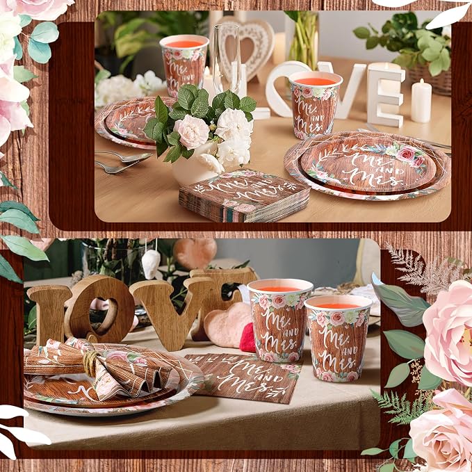 Zhehao 250 Pcs Rustic Bridal Shower Paper Plates Napkins Set Mr and Mrs Party Tableware 50 Pcs 9'' Dinner Plates and 7'' Dessert Plate 9 Oz Cup 100 Napkin Serves 50 for Engagement Wedding Decoration