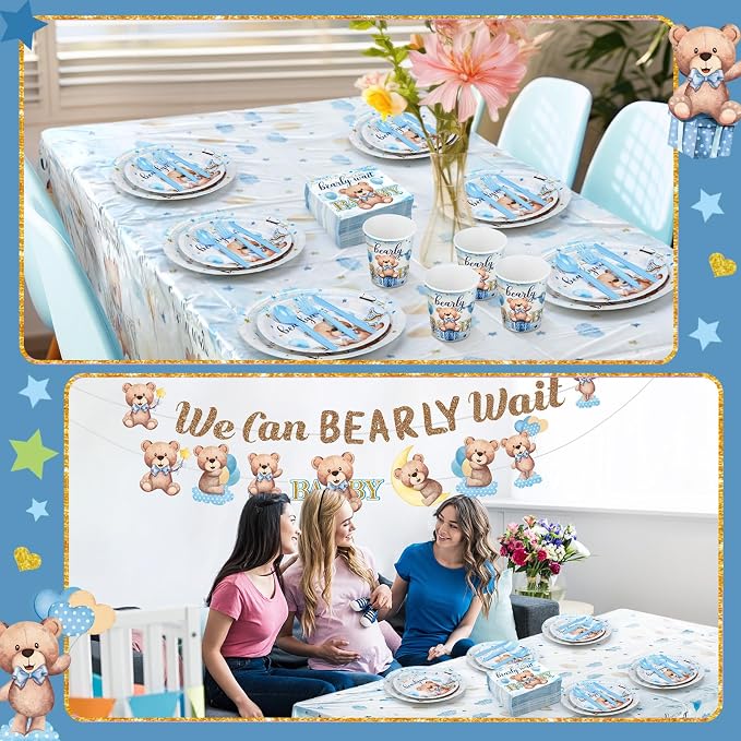 405 Pcs Blue Bear Baby Shower Decorations for Boy, We Can Bearly Wait Baby Shower Tableware Set Plates Napkins Cups Cutlery, Blue Bear Party Supplies with Tablecloth Banner, Serves 50 Guests