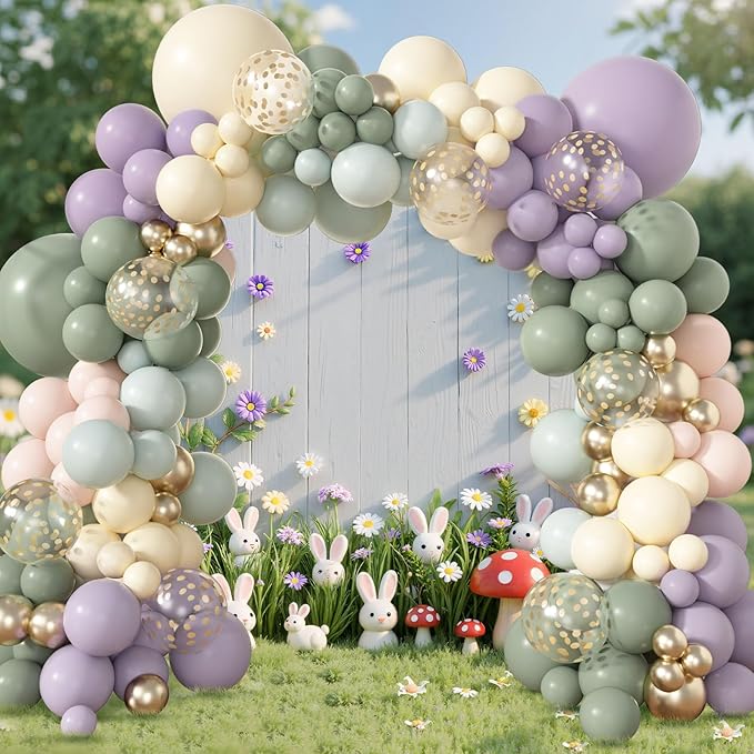 Amandir 173Pcs Dusty Green Purple Pink Balloon Arch Garland Kit, Lavender Pastel Blush Pink Yellow Mist Green Gold Confetti Balloons for Easter Shower Wedding Tea Wildflower Birthday Party Decorations