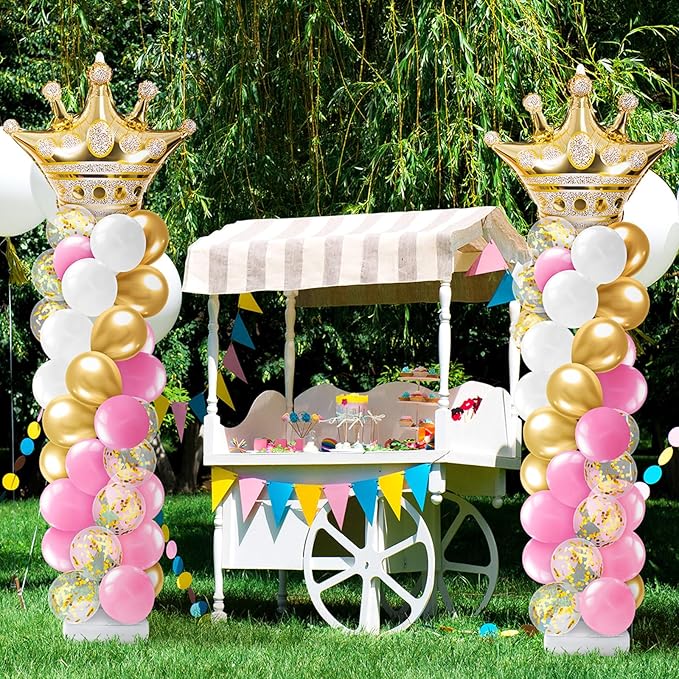 Kasyat 2 Sets Princess Party Balloon Column Stand Kit with 2 Crown Foil Balloons 100 Latex Balloons, Adjustable Stands Pink and Gold Balloon Stand Kit for Baby Shower Birthday Party Supplies