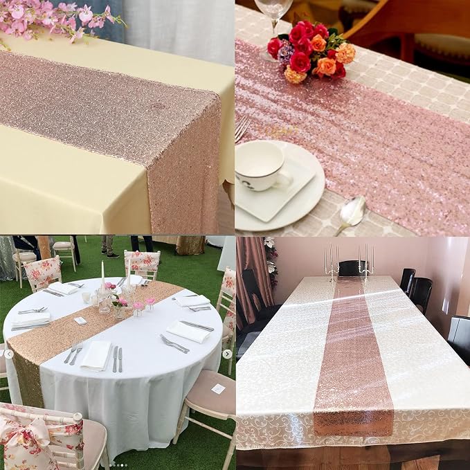 12 Packs Sequin Table Runner Rose Gold 12 X 108 Inch Glitter Dining Table Runner for Birthday Wedding Engagement Bridal Baby Shower Bachelorette Holiday Celebration Party Supplies Decorations