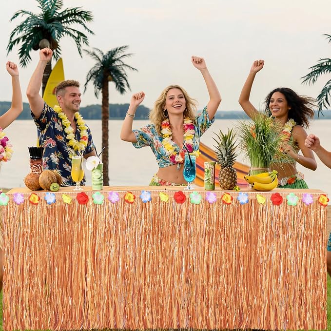 Fovths 4 Pack Luau Grass Table Skirt Natural 9 Feet x 29.5 Inch Hawaiian Table Skirt for Tropical Hawaiian Party Decorations Luau Party Costume, Reddish Golden Brown