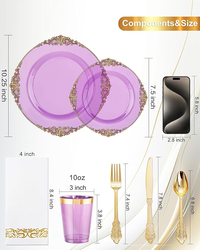 Nervure 175PCS Clear Purple Plastic Plates - Purple Party Plates Set for 25 Guests Include 25Dinner Plate, 25Dessert Plate, 25Cups, 75 Cutlery, 25Napkins Perfect for Wedding, Party & Bridal