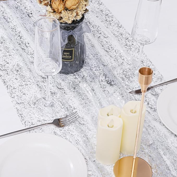 BINBE 3PCS Silver Table Runner 10Ft Sheer Chiffon Fabric Cheesecloth Sequin Glitter Table Runner for Wedding Birthday Party Decor
