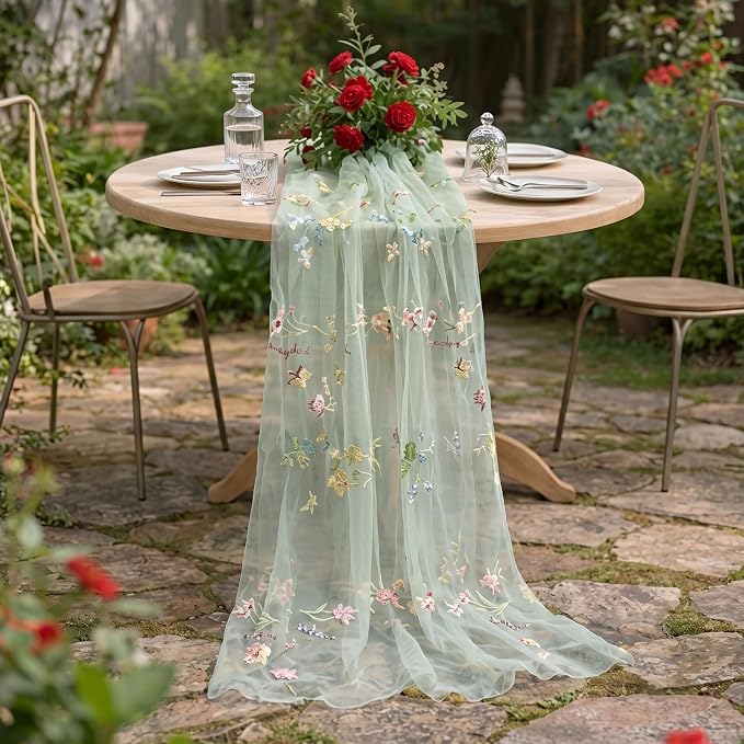 Mindsoft 3 Pack Embroidered Wildflower Tulle Table Runner 14 x 120 Inch Sage Green Floral Table Runner for Market Bridal Shower Wildflower Baby Shower Spring Summer Birthday Party Decor