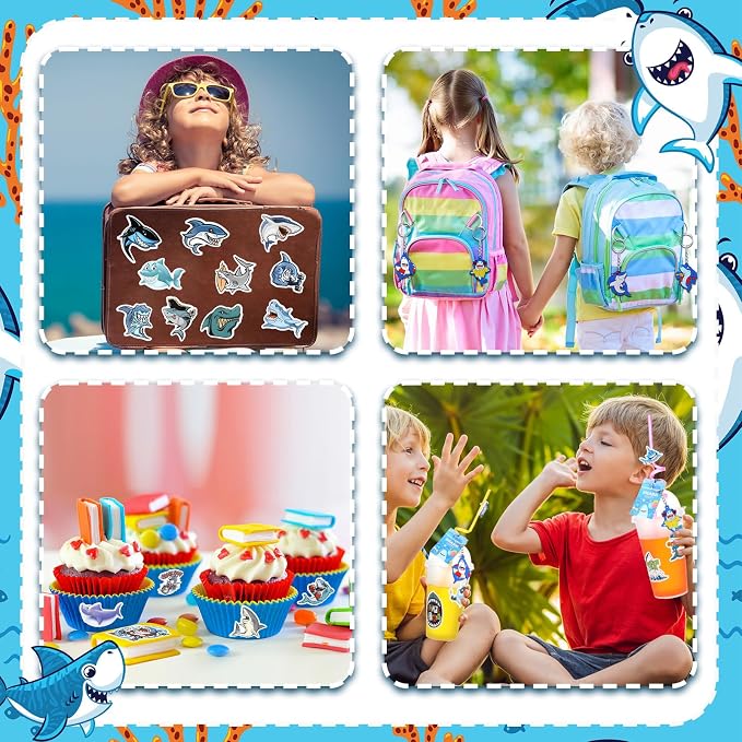 Qilery 195 Pcs 16 Guests Shark Birthday Party Favors for Kids Includes Plastic Cup with Lid Straw Keychain Bracelet Ring Stamper Stickers Tag for Party Favors Piñata Filling