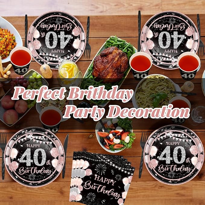 240 Pcs 40th Birthday Decorations 1986 Birthday Party Tableware Include Plates Napkins 9oz Cups Cutlery 40th Anniversary Party Supplies for Men Women Him Her, Serve 30 Guests (Black Pink)