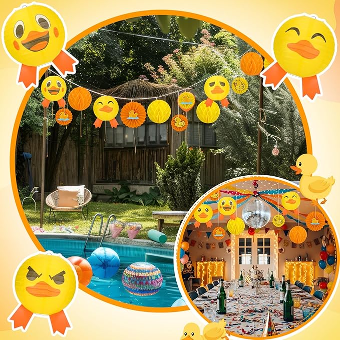 Retisee 18 Pcs Rubber Duck Party Decoration Yellow Duck Hanging Paper Lantern Honeycomb Fans Honeycomb Ball for Themed Birthday Party Ceiling Decor Supplies