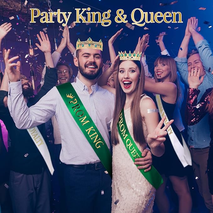 Saintrygo 12 Pcs Prom Crown and Sash Set, Prom King and Queen Tiara Rhinestone Crown Glitter Court Royal Satin Sash for 2026 Graduation Ball Dance Night Party Birthday Accessory(Green,Elegant)