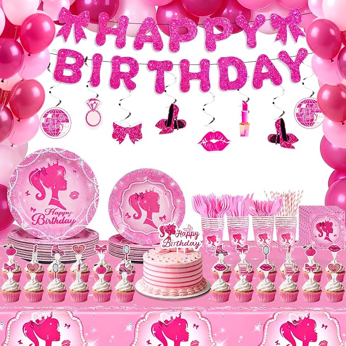 Pink Girls Birthday Party Decorations & Tableware Set | 257Pcs Serves 24 Guests, Includes Plates Cups Napkins Utensils Straws Tablecloth Cake Toppers Banner Hanging Swirls & Balloons (Pink Girls)