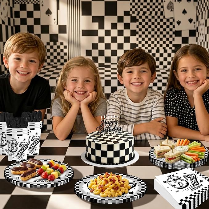 170Pcs 6 7 Birthday Decorations, Black White Checkered Themed Disposable Table Cover, and I Was 6 Now I'm 7 Seven Birthday Theme Party Tableware Set For 24 Guests