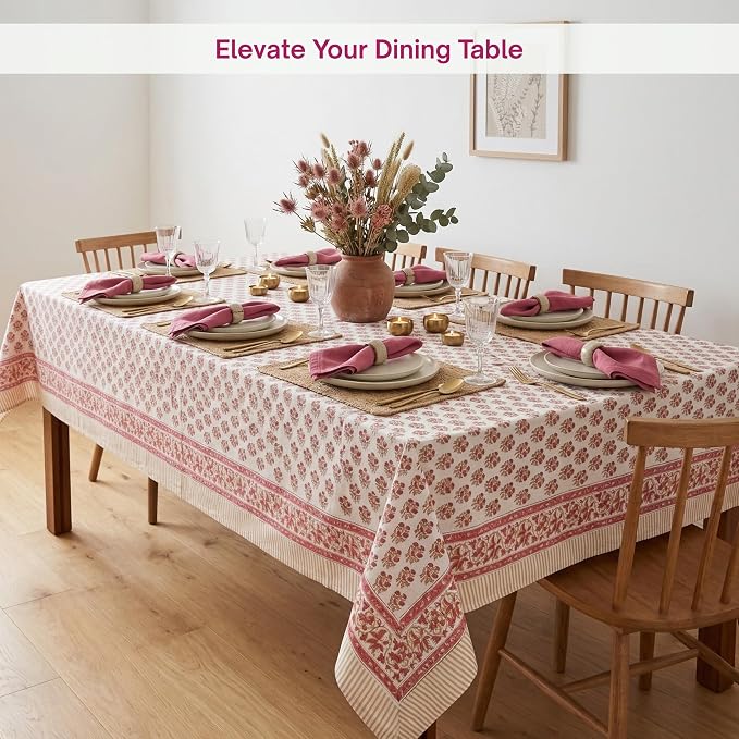 ATOSII Ivy Red 100% Cotton Rectangle Spring Summer Tablecloth, Handblock Floral Print Linen Table Cloth for Kitchen Dining I Parties, Weddings, Outdoors, Easter Decor 60 X 108 Inches, 8 Seater