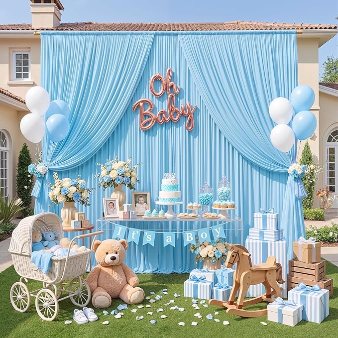 10ft x 10ft Wrinkle Free Baby Blue Backdrop Curtain for Parties, Polyester Blue Photo Backdrop Drapes 2 Panels 5x10ft for Wedding Party Photography Background Baby Shower Birthday Decor