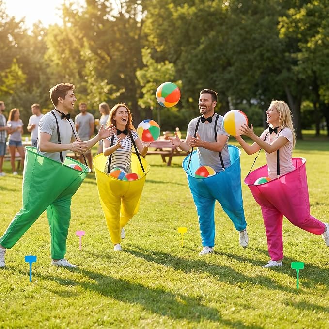 Giant Granny Pants Game - 4 Oversized Pants Ball Catch Outdoor Game for Adults Family Party, Big Tossing Fun Activities Set with 16 Balls, 3 Medals, 2 Air Pumps for Backyard Lawn Field Day