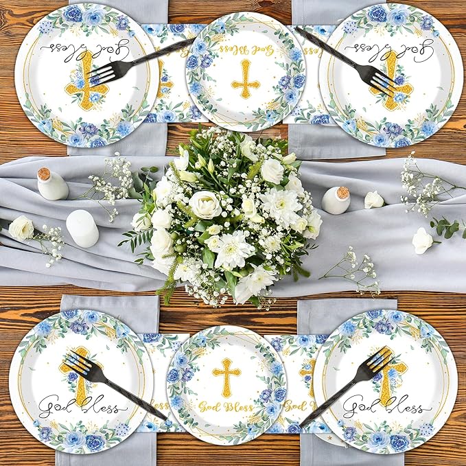 200pcs God Bless Plates Napkins Baptism Paper Tableware Set First Holy Communion Cake Dessert Disposable Dinnerware Blue Floral Party Decoration for Christening Birthday Decor Supplies Serves 50