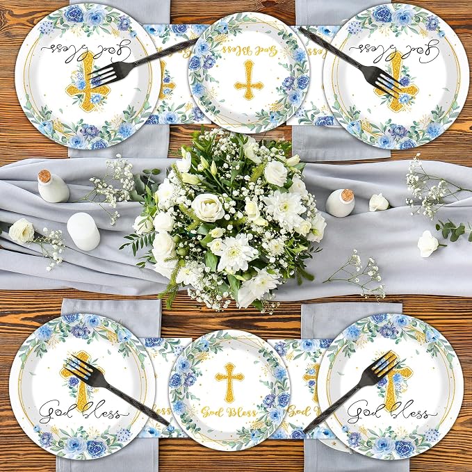 200pcs God Bless Plates Napkins Baptism Paper Tableware Set First Holy Communion Cake Dessert Disposable Dinnerware Blue Floral Party Decoration for Christening Birthday Decor Supplies Serves 50