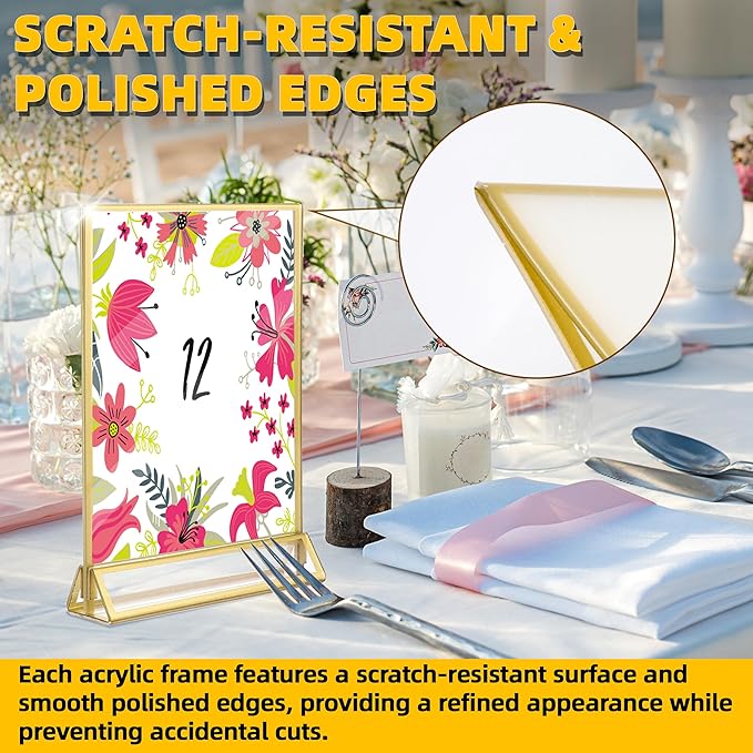 TonGass 12-Pack 4"x6" Gold Acrylic Picture Frames – 3mm Gold Border Wedding Table Number Holders, Clear Double-Sided Acrylic Sign Holders for Weddings, Banquets, Parties, Centerpieces