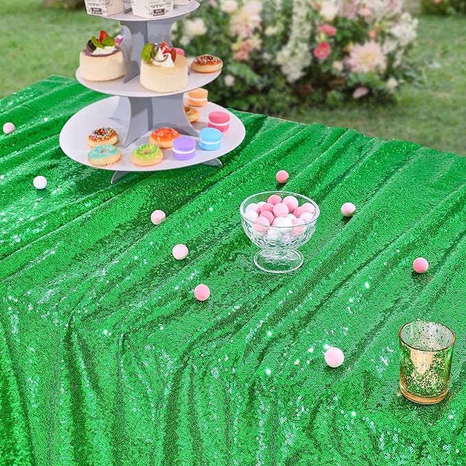 QueenDream Sparkly Sequin Tablecloth - Green Table Cloth 50x80 Inches Rectangle Table Overlay Fabric for Birthday Parties Baby Shower Decoration