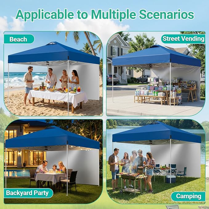 10X10FT Blue Pop Up Canopy Tent with 1 Sidewalls & Roller Carrybag for Sun Shade and Waterproof, Outdoor Adjustable Height Instant Shelter Gazebo with Sandbags for Camping, Patio, Backyard, Events