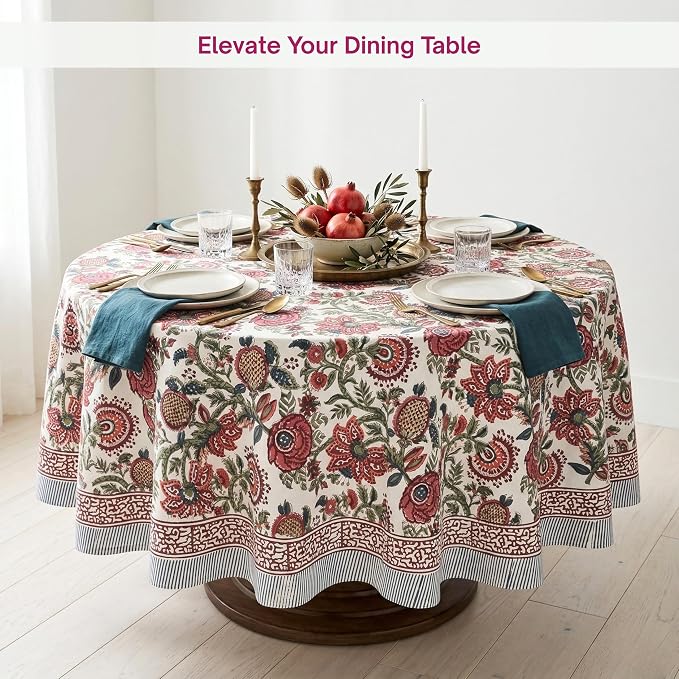 ATOSII Ruby 100% Cotton Round Tablecloth, Handblock Print Floral Table Cloth for Kitchen Dining Linen I Parties, Weddings, Outdoors, Picnics, Easter Spring Summer Home Decor 90" Inches Round