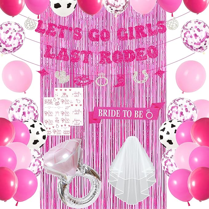 Roetyce Last Rodeo Bachelorette Party Decorations, Pink Bride To Be Sash Veil Fringe Curtain, Let's Go Girls Banner Balloons Temporary Tattoos Kit, Cowgirl Western Bridal Shower Wedding Decorations