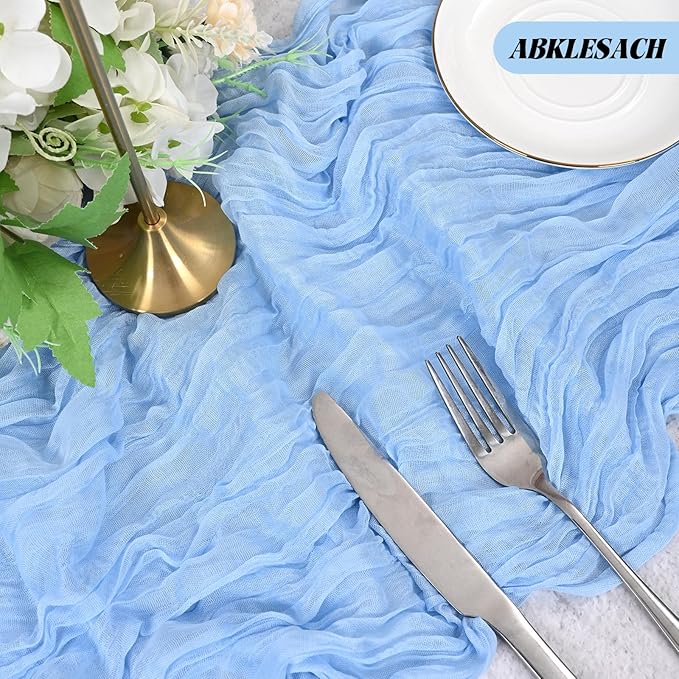 12 Pack Light Blue Cheesecloth Table Runner 120 inch Fall Thanksgiving Boho Rustic Gauze Farmhouse 10FT Cheese Cloth Runner for Baby Shower Wedding Party Holiday Home Decor