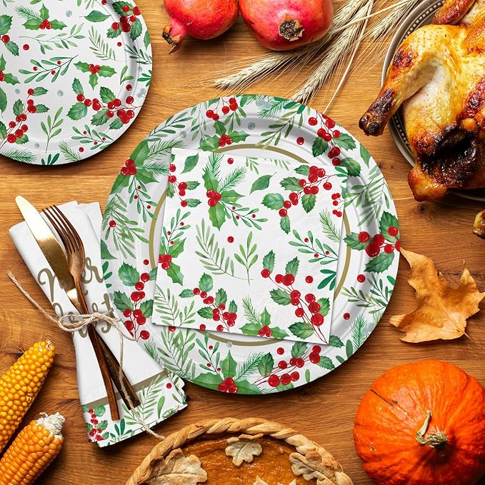 Christmas Party Supplies, Serve 50, Christmas Seasonal Holly Tableware Includes: Paper Dinner Plates, Dessert Plates, Luncheon Napkins and Beverage napkins, Great for Party Decorations (Pack of 2)