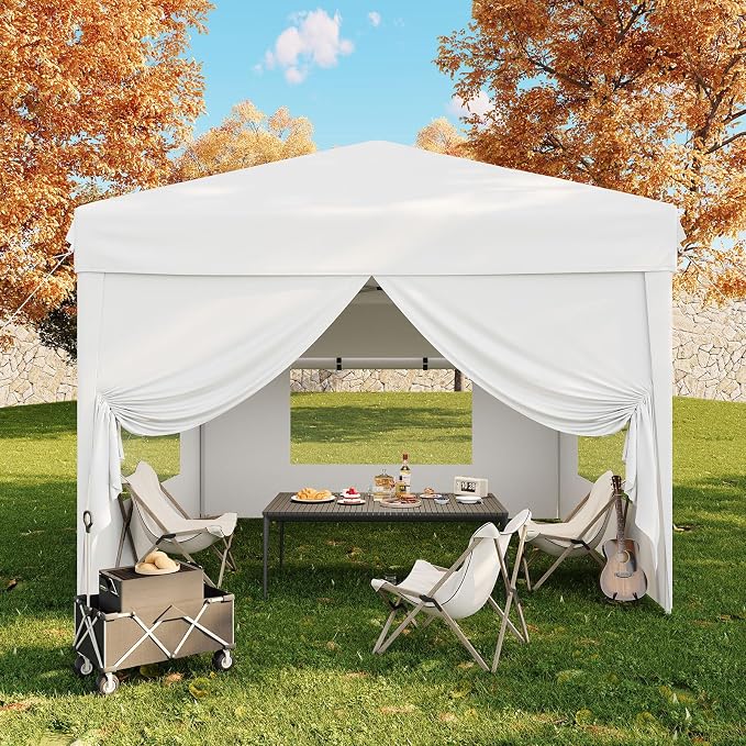 Garvee 10x10FT Pop Up Canopy with Sidewalls, Outdoor Canopy Tent with SandBag & Carry Bag for Commercial Events, Camping, Backyard Parties, White