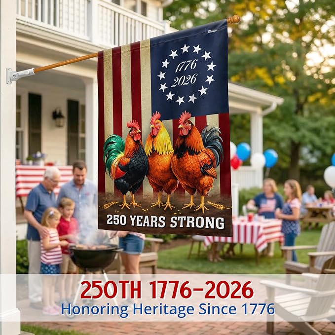 FLAGWIX American 250 Years Anniversary Rooster Flag - Polyester Double-sided Yard Flags For Outside House Flag (29.5" x 39.5") - 4th of July Decorations for Farm Home Yard Garden Decor Banner