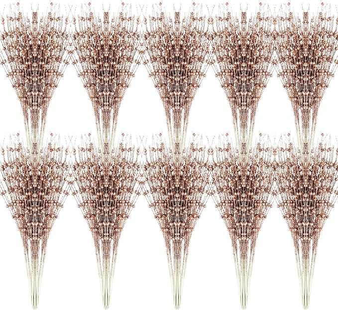 Geosar 30 Pcs Artificial Glitter Berry Stem Decorations 17 Inch Faux Stick Floral Pick Centerpiece Bouquet Flower Bead Twigs for Centerpiece Tree Wreath Ornaments Home(Rose Gold)