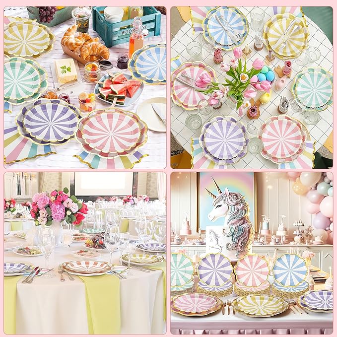 72 Pcs 24 Guests Pastel Striped Party Plates and Napkins Scalloped Pastel Carnival Paper Plates and Napkins Colored Disposable Tableware for Baby Bridal Shower Wedding Tea Party Supplies
