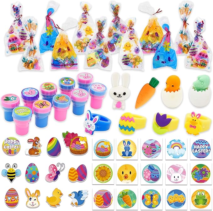 JOYIN 72 Pcs Easter Party Favors Set, 12 Packs Assorted Goody Bags with Rings/Sticker, Foam Stickers, Stampers for Kids Gift, Easter Egg Hunt, Basket Stuffers