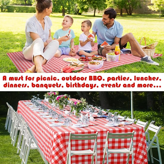 Kochorie 54 Inch x 500 Ft Red Checkered Plastic Table Cloth Roll Disposable Waterproof Table Cover Plastic Table Cover Roll with Easy Slide Cutter for Outdoor Picnic/Home Dining/Summer Party