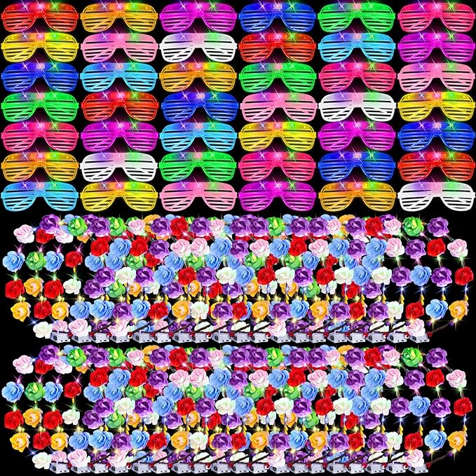 80 Pcs Glow in the Dark Party Supplies Light Up Party Favors LED Light Up Glasses LED Flower Crown Headband Glowing Floral Wreath Crown Neon Flash Glasses for Birthday Wedding Gift
