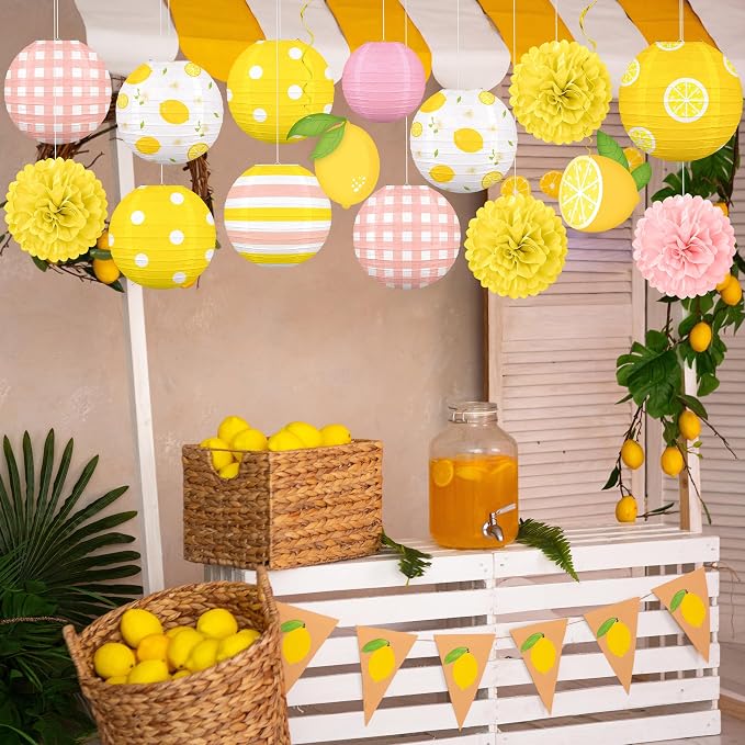 Renbuzhu 15PCS Summer Lemon Party Decorations Paper Lanterns Pom Poms Hanging Swirls Pink and Yellow Theme Lemonade Stand Italian Decor for Birthday Home Backyard Indoor Outdoor