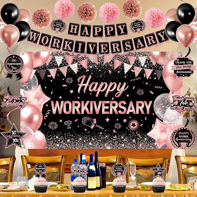DARUNAXY Happy Workiversary Party Decorations for Women, Rose Gold Happy Work Anniversary Banner Cake Topper Hanging Swirl Confetti Balloons Decor Set for Pink Employee Office Party Supplies for Girls